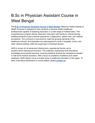 B.Sc in Physician Assistant Course in West Bengal