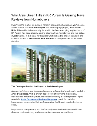 Why Arsis Green Hills in KR Puram Is Gaining Rave Reviews from Homebuyers