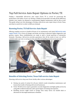 Top Full-Service Auto Repair Options in Porter, TX
