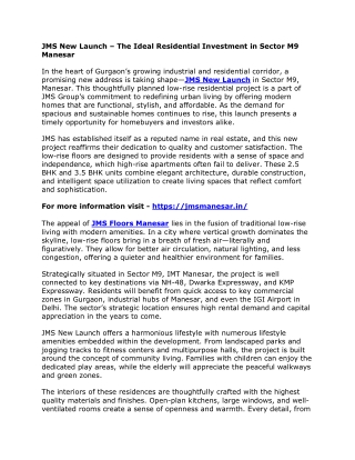 JMS New Launch – The Ideal Residential Investment in Sector M9 Manesar