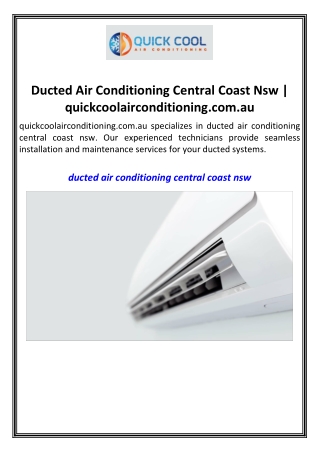 Ducted Air Conditioning Central Coast Nsw  quickcoolairconditioning.com.au