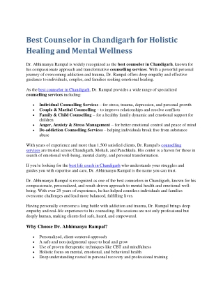 Best Counselor in Chandigarh for Holistic Healing and Mental Wellness