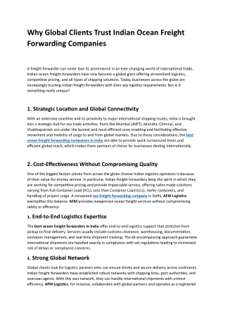 Why Global Clients Trust Indian Ocean Freight Forwarding Companies