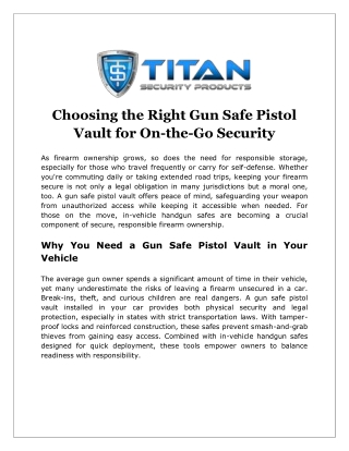 Choosing the Right Gun Safe Pistol Vault for On-the-Go Security