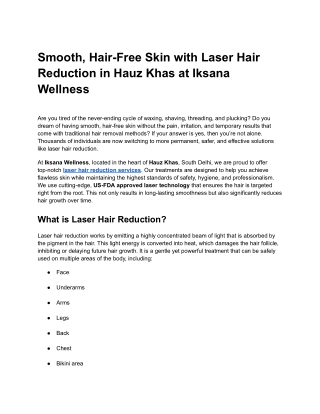 Smooth, Hair-Free Skin with Laser Hair Reduction in Hauz Khas at Iksana Wellness