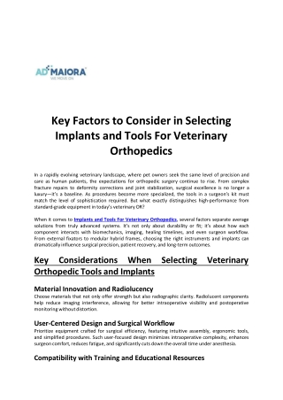 Key Factors to Consider in Selecting Implants and Tools For Veterinary Orthopedics