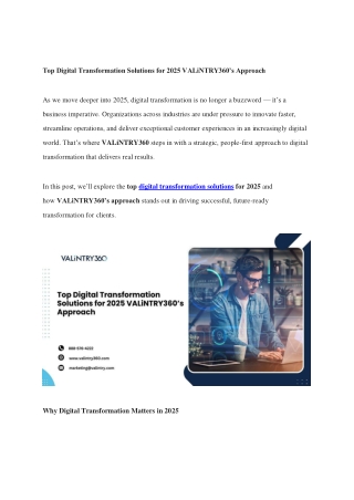 Top Digital Transformation Solutions for 2025 VALiNTRY360’s Approach