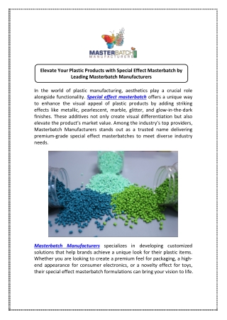 Reliable Special Effect Masterbatch Manufacturers India