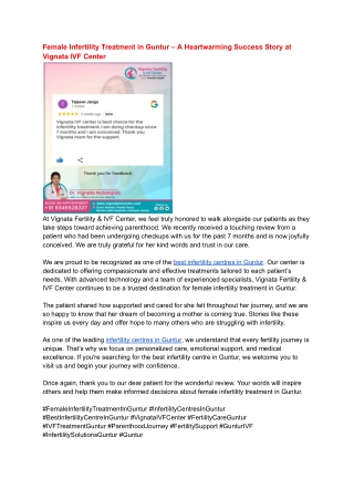 Female Infertility Treatment in Guntur – Thank You for Trusting Vignata