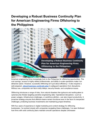 Developing a Robust Business Continuity Plan for American Engineering Firms Offshoring to the Philippines