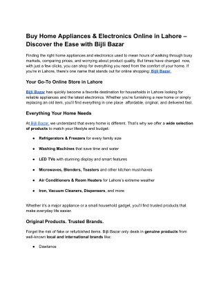 Buy Home Appliances & Electronics Online in Lahore – Discover the Ease with Bijli Bazar