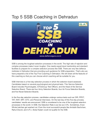 Top 5 SSB Coaching in Dehradun