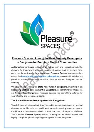 Pleasure Spaces Among the Best Property Developers in Bangalore for Premium Plotted Communities