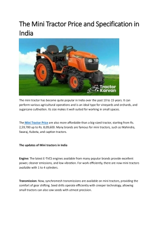 The Mini Tractor Price and Specification in India