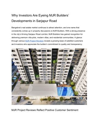 Why Investors Are Eyeing MJR Builders’ Developments in Sarjapur Road