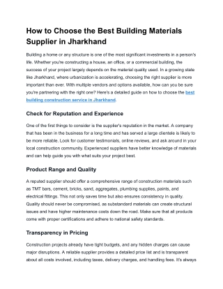 How to Choose the Best Building Materials Supplier in Jharkhand