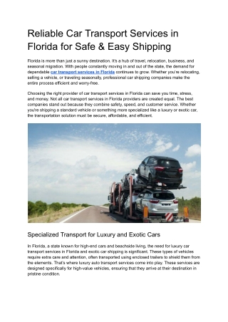 Reliable Car Transport Services in Florida for Safe & Easy Shipping