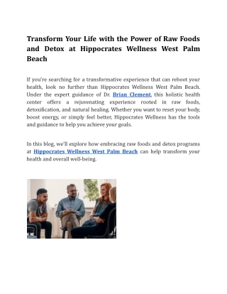 Transform Your Life with the Power of Raw Foods and Detox at Hippocrates Wellness West Palm Beach