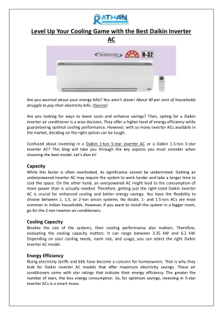 Level Up Your Cooling Game with the Best Daikin Inverter AC - Rathan Air Conditioners