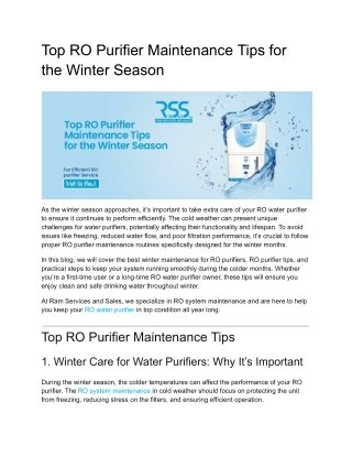 Top RO Purifier Maintenance Tips for the Winter Season