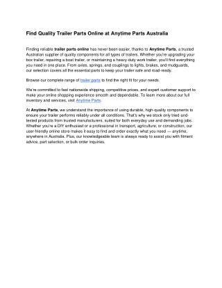 Find Quality Trailer Parts Online at Anytime Parts Australia