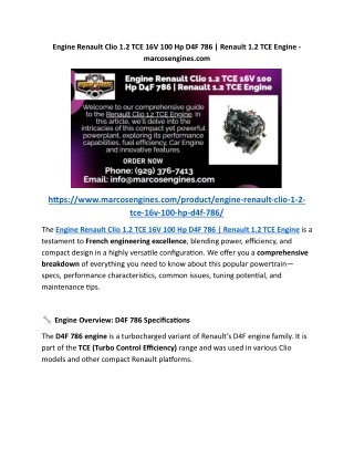 Engine Renault Clio 1.2 TCE 16V 100 Hp D4F 786 Renault 1.2 TCE Engine - marcosengines