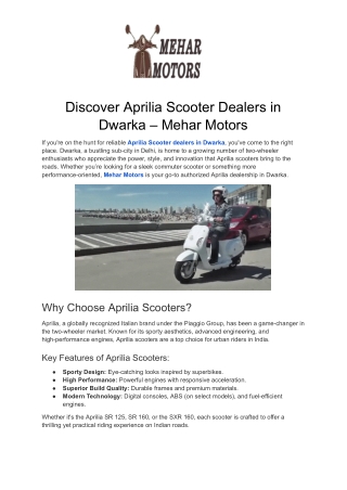 Discover Aprilia Scooter Dealers in Dwarka – Mehar Motors