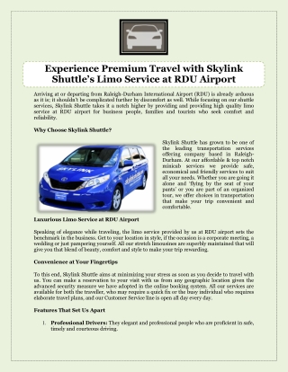 Experience Premium Travel with Skylink Shuttle’s Limo Service at RDU Airport