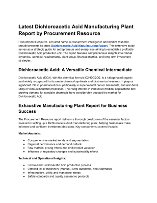 Latest Dichloroacetic Acid Manufacturing Plant Report by Procurement Resource