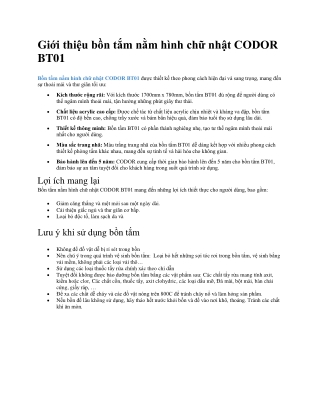 Giới thiệu bồn tắm nằm hình chữ nhật CODOR BT01
