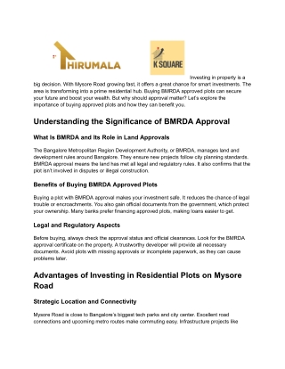 BMRDA Approved Residential Plots on Mysore Road