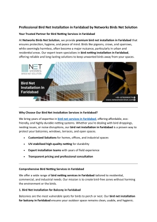 Professional Bird Net Installation in Faridabad by Networks Birds Net Solution