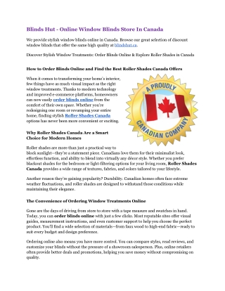 Blinds Hut - Online Window Blinds Store In Canada