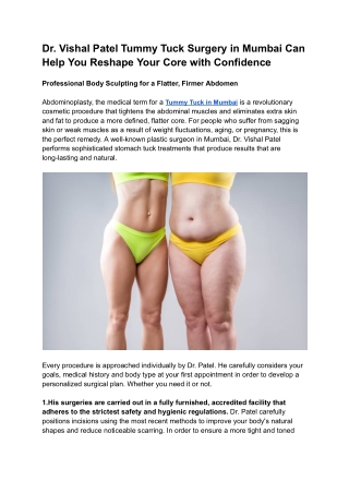 Dr. Vishal Patel Tummy Tuck Surgery in Mumbai Can Help You Reshape Your Core with Confidence