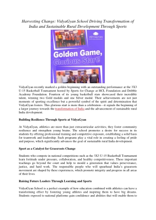 Harvesting Change- VidyaGyan School Driving Transformation of India and Sustainable Rural Development Through Sports
