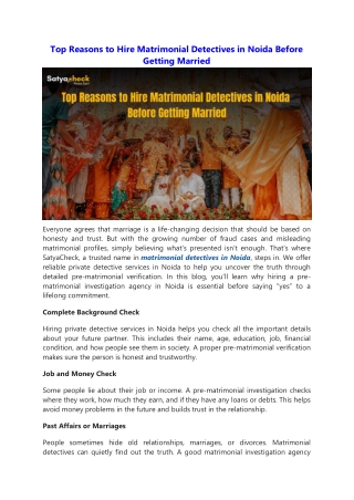 Top Reasons to Hire Matrimonial Detectives in Noida Before Getting Married