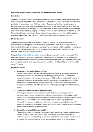 Investment Insights: Growth Pathways in the Well Intervention Market