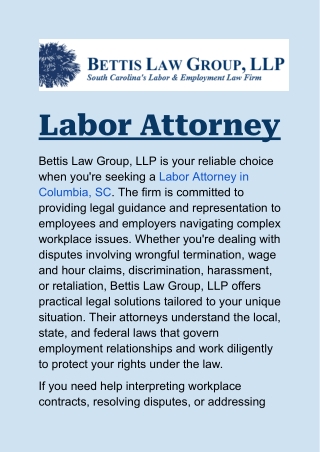 Labor Attorney in Columbia, SC: Resolving Employment Challenges Effectively