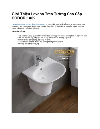 Giới Thiệu Lavabo Treo Tường Cao Cấp CODOR LA02