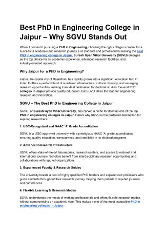 Best PhD in Engineering College in Jaipur – Why SGVU Stands Out