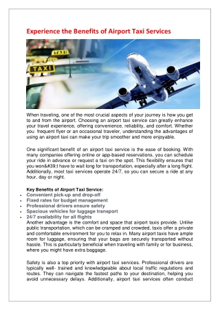 Experience the Benefits of Airport Taxi Services