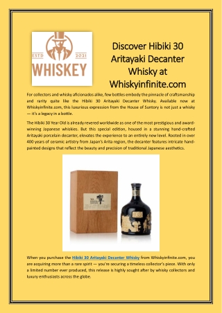 Discover Hibiki 30 Aritayaki Decanter Whisky at Whiskyinfinite