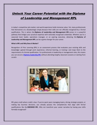 Unlock Your Career Potential with the Diploma of Leadership and Management RPL