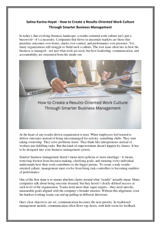 Salma Karina Hayat - How to Create a Results-Oriented Work Culture Through Smarter Business Management