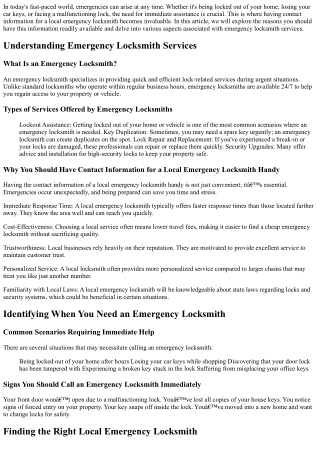 Why You Should Have Contact Information for a Local emergency locksmith Handy