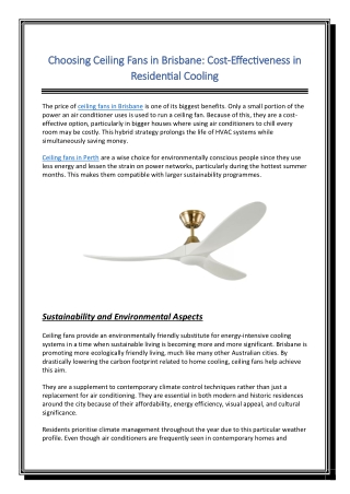 Choosing Ceiling Fans in Brisbane Cost-Effectiveness in Residential Cooling