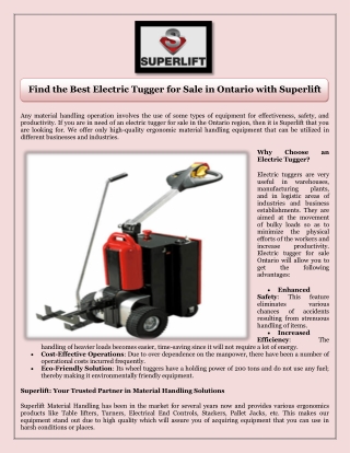 Find the Best Electric Tugger for Sale in Ontario with Superlift