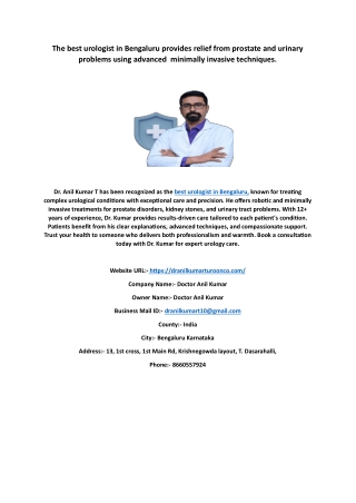 The best urologist in Bengaluru provides relief from prostate and urinary problems using advanced  minimally invasive te