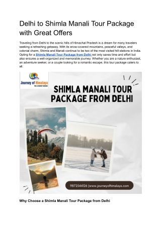 Delhi to Shimla Manali Tour Package with Great Offers