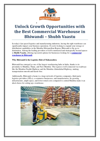 Top Commercial Warehouse in Bhiwandi – Shubh Vaastu for Smart Storage
